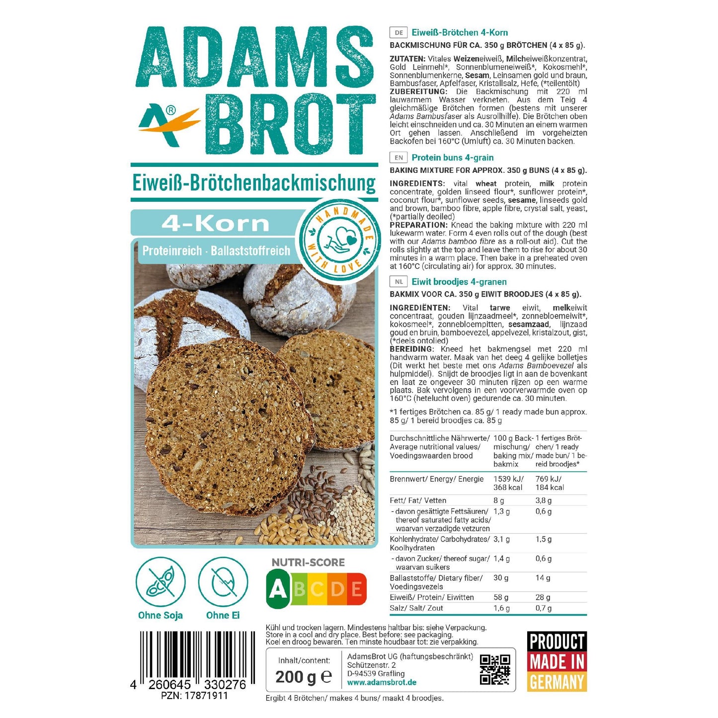 Eiweiß Brötchenbackmischung 4-Korn 200g Beutel von Adamsbrot