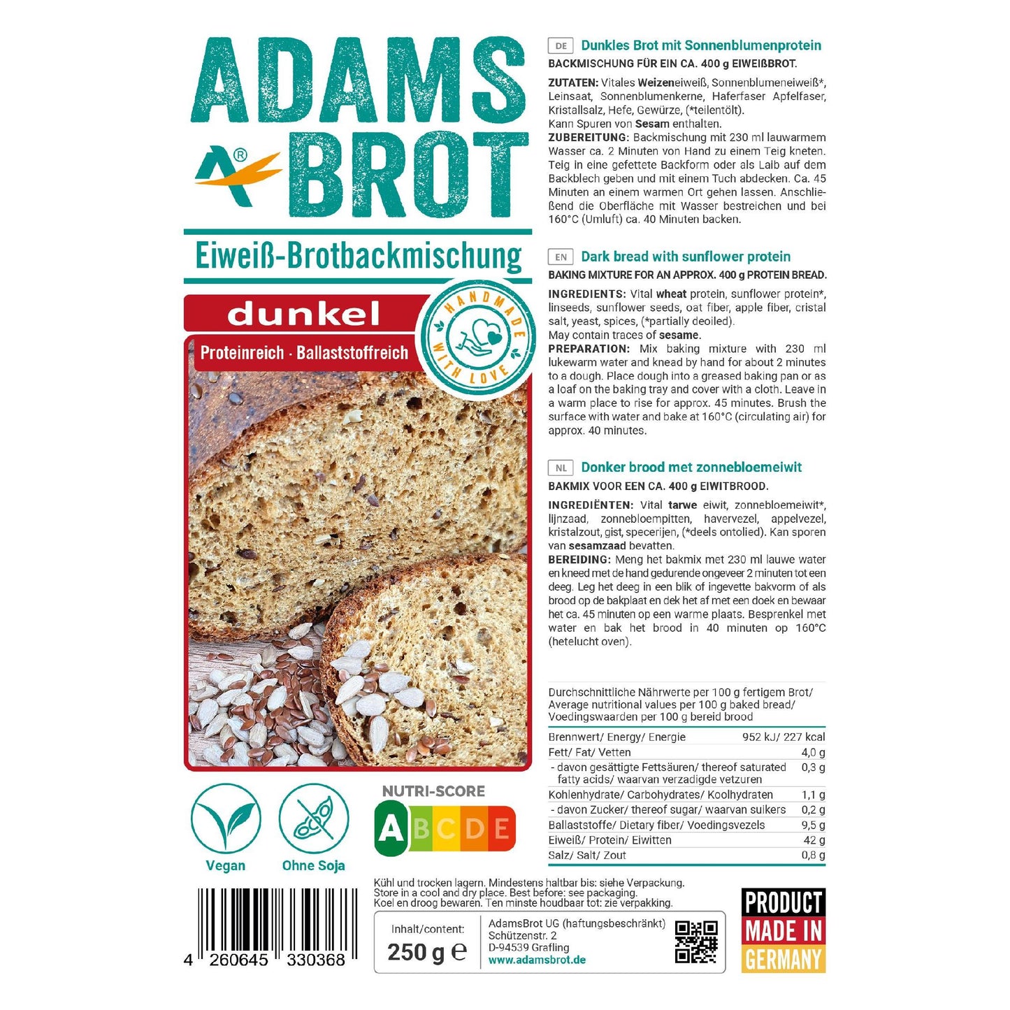 Eiweiß Brotbackmischung Dunkel 250g Beutel von Adamsbrot