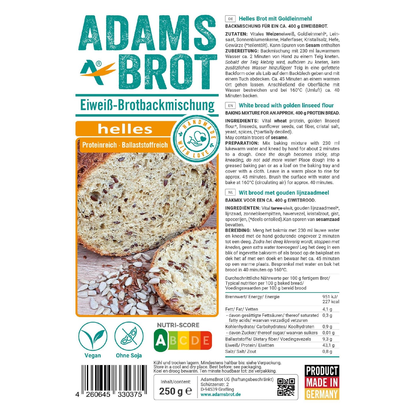 Eiweiß Brotbackmischung Hell 250g Beutel von Adamsbrot