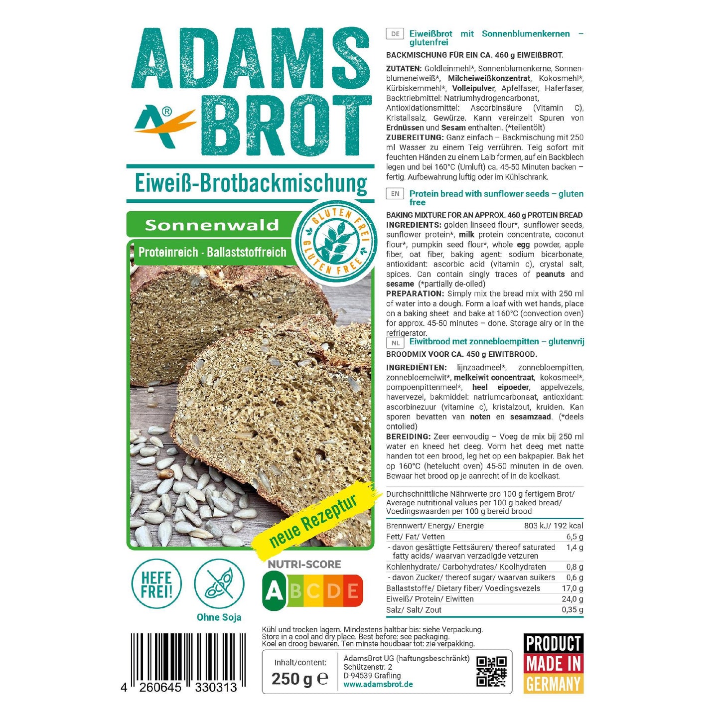 Eiweiß Brotbackmischung Sonnenwald 250g Beutel von Adamsbrot
