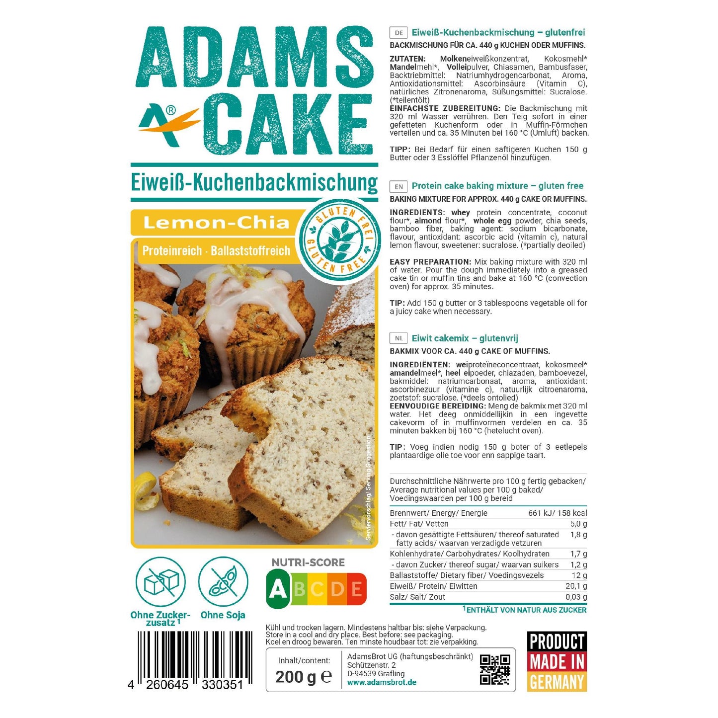 Eiweiß Kuchen Backmischung Lemon Chia 200g Beutel von Adamsbrot