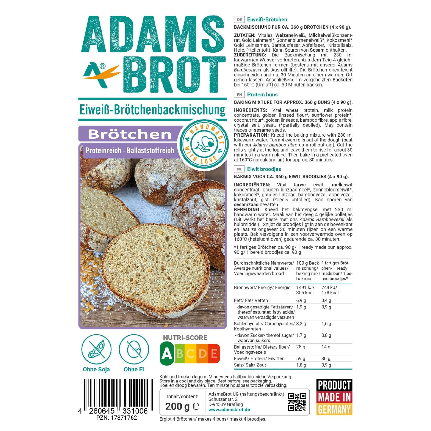 Eiweiß Brötchenbackmischung 200g Beutel von Adamsbrot
