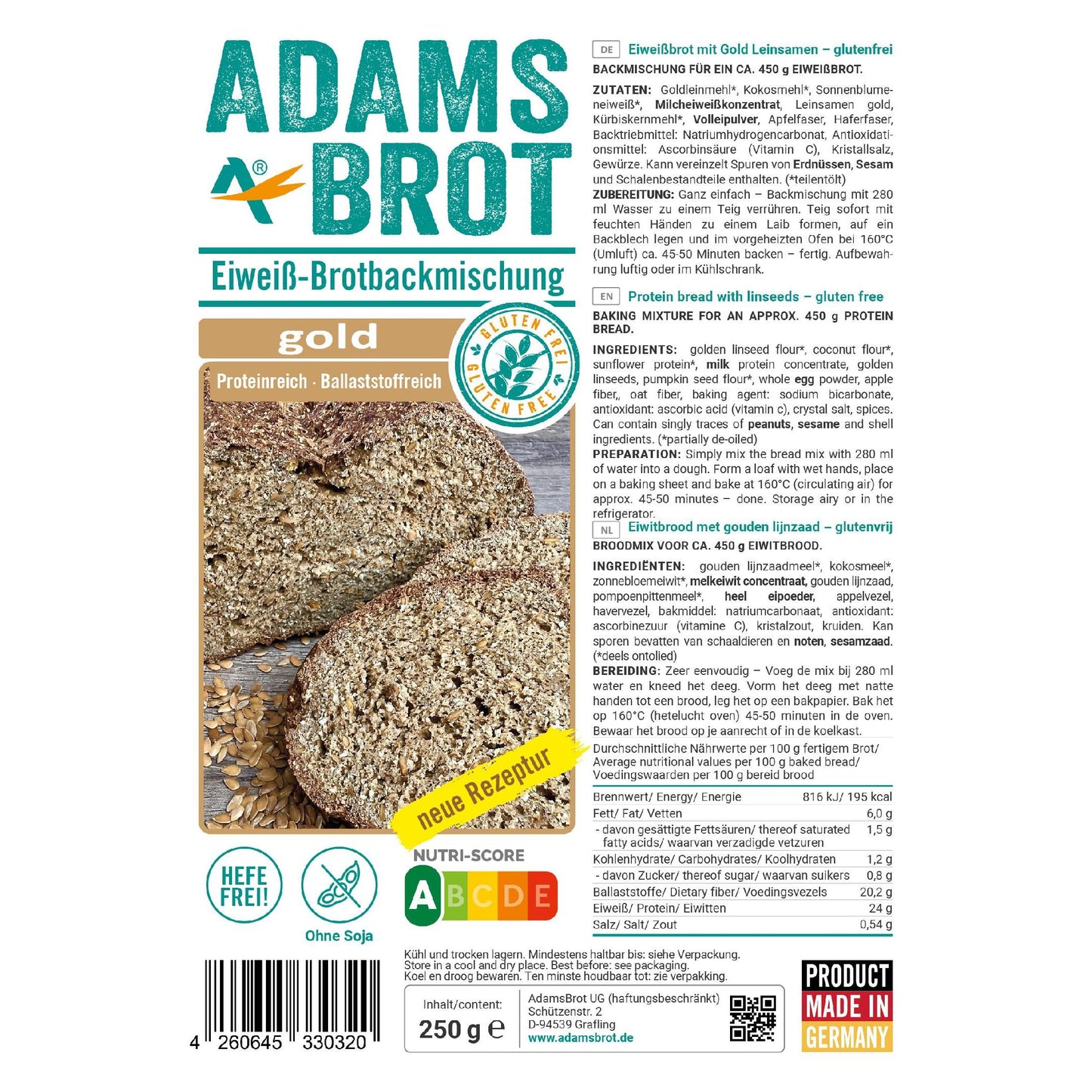 Eiweiß Brotbackmischung Gold 250g Beutel von Adamsbrot