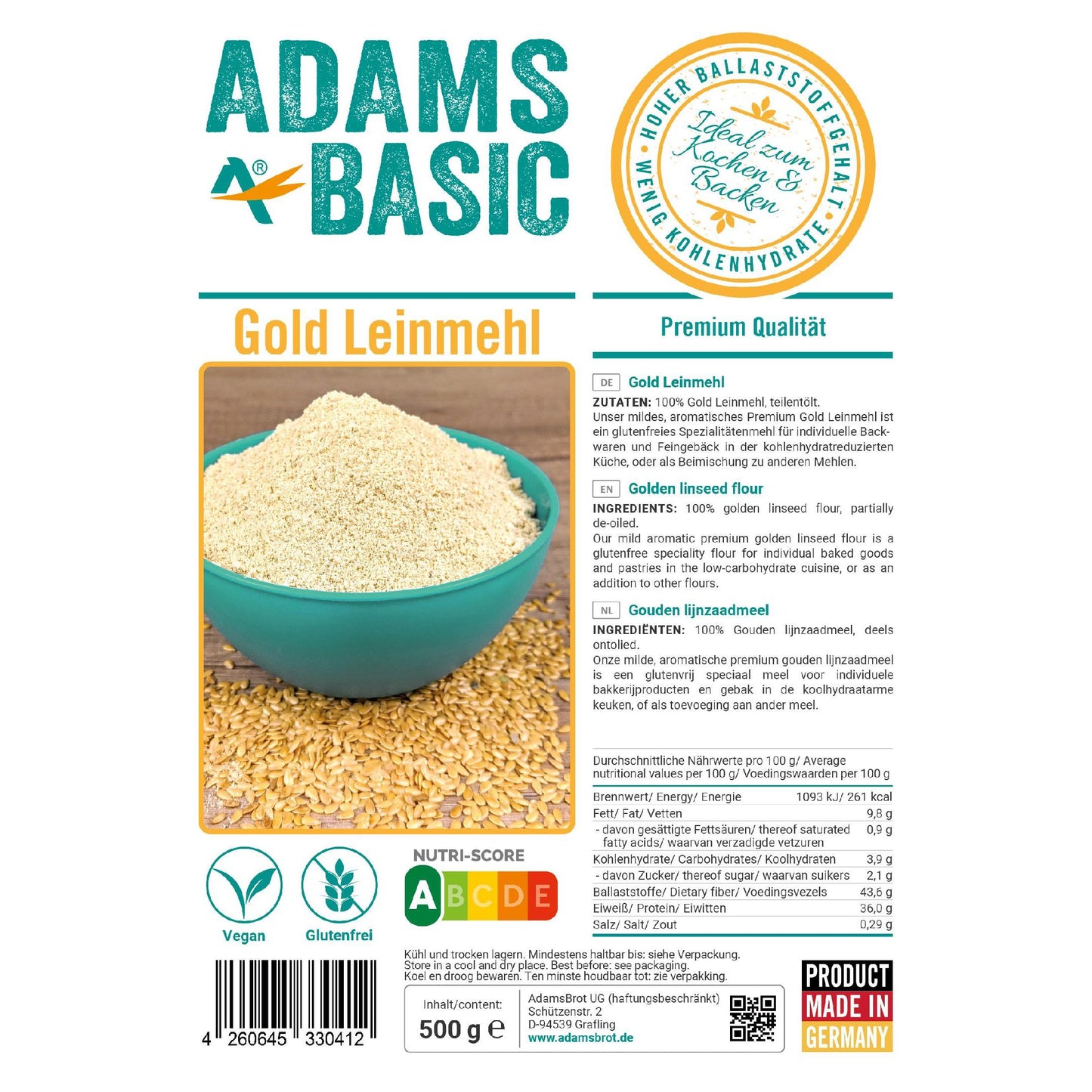 Gold Leinmehl 500g Beutel von Adamsbrot