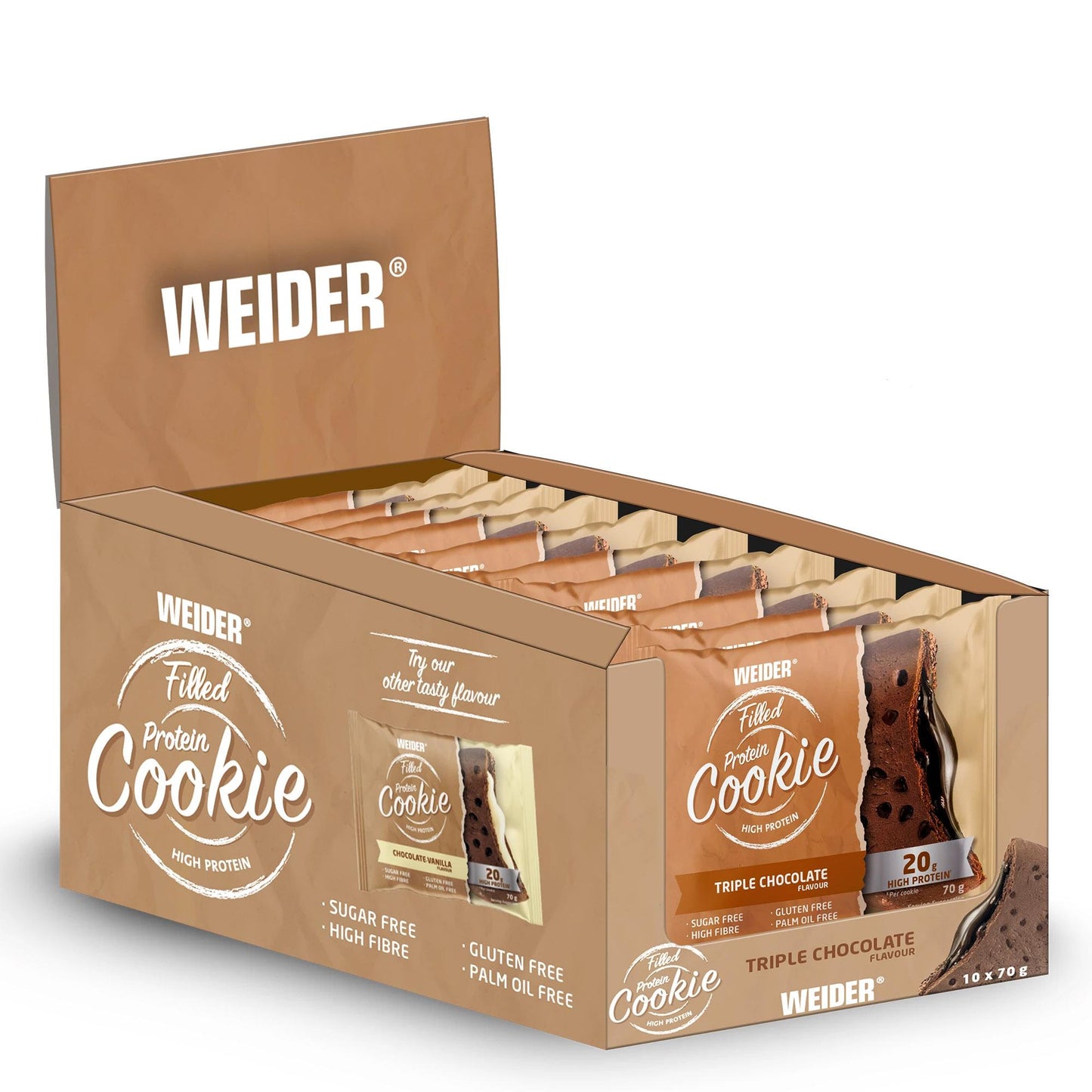 Filled Protein Cookies 10 x 70g Karton Triple Chocolate von Weider