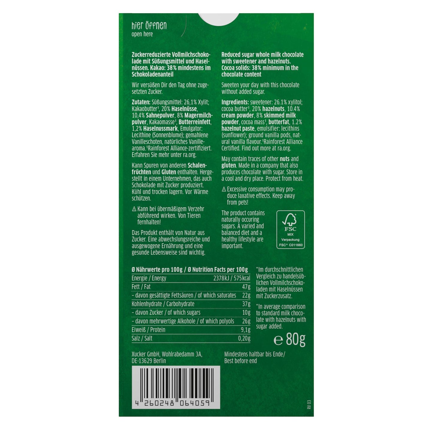 Xylit - Schokolade (38% Kakao) 80g Tafel Vollmilch Haselnuss von Xucker